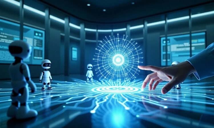 Illustration showing AI developers debating innovation and safety, symbolizing the AI race speed and safety dilemma