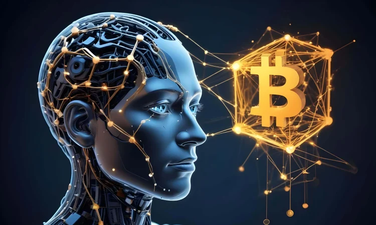 Illustration of AI and blockchain integration with digital connections and secure data flow – concept of AI blockchain