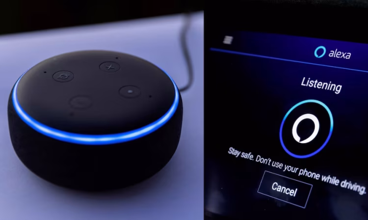 Illustration of Amazon Alexa device powered by advanced AI showing smart, human-like voice interaction features