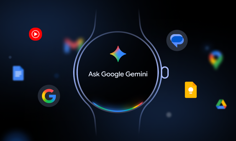 Smartwatch display showing Google Gemini features on Wear OS with AI Mode for Circle to Search