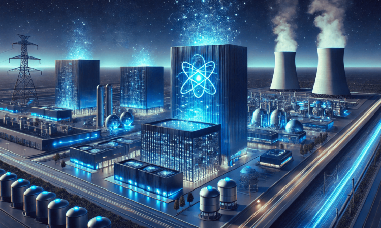 A futuristic data center filled with servers powering artificial intelligence, highlighting the AI boom’s impact on global energy consumption