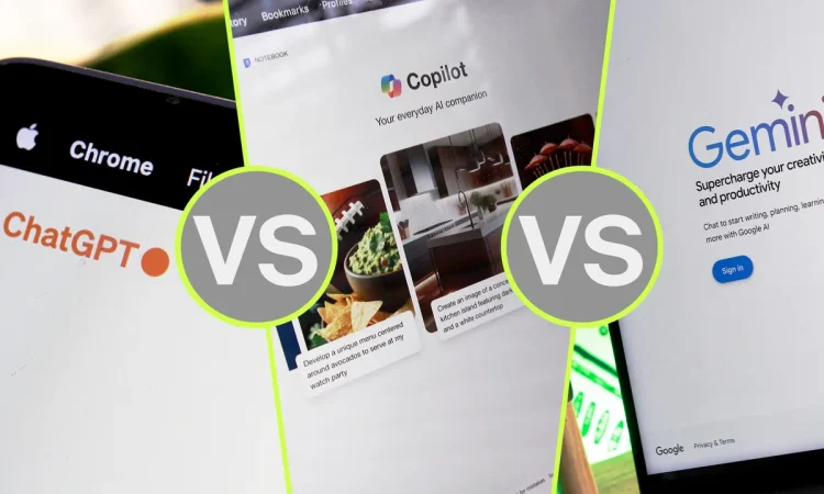 Side-by-side comparison of Gemini Advanced, ChatGPT, and Copilot Pro showcasing which AI searches best in 2025