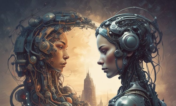 Illustration of a professional transitioning into AI from a non-tech background with icons of education, business, and technology