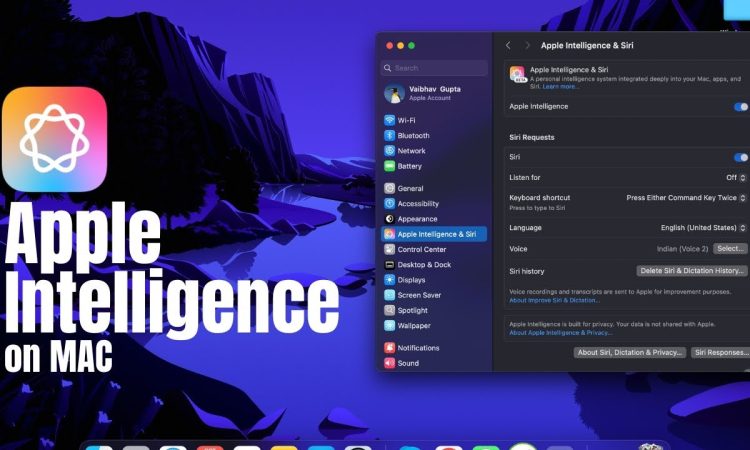 MacBook screen showing macOS 26 interface with AI features overlay – highlighting macOS 26 core issues