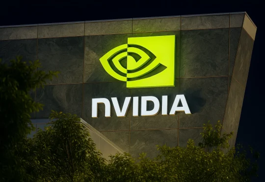 Nvidia headquarters with rising stock chart symbolizing AI-driven growth