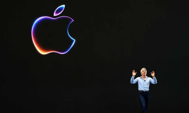 Apple Intelligence AI model interface showing features across iPhone, iPad, and Mac devices