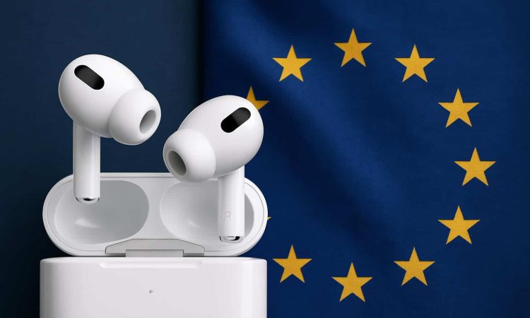 Apple AirPods showcasing Live Translation feature with EU delay notification