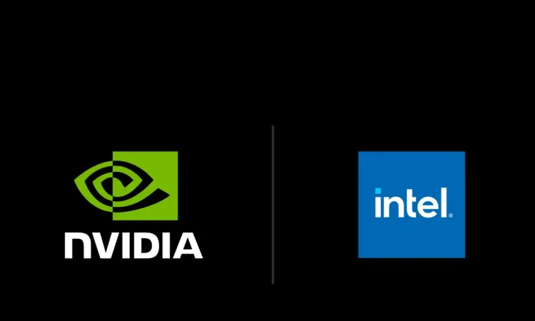 Nvidia and Intel logos with graphics representing $5 billion investment in AI and CPU-GPU partnership