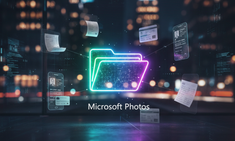 Screenshot of Microsoft Photos app auto-categorizing receipts, screenshots, identity documents, and notes using AI