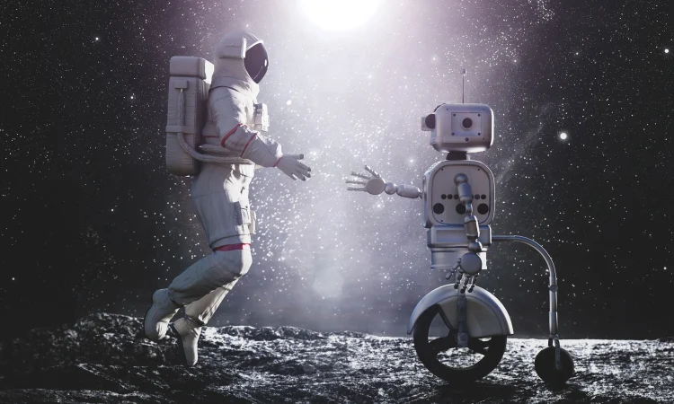 Astronaut using NASA and Google AI space doctor technology during deep space mission