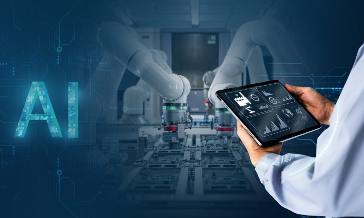 AI-powered robot collaborating with a human in an automated factory environment