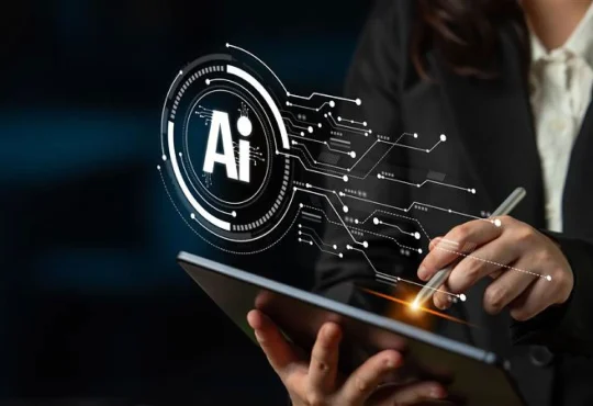 Illustration showing AI transforming industries with robots, data analytics, and smart technology