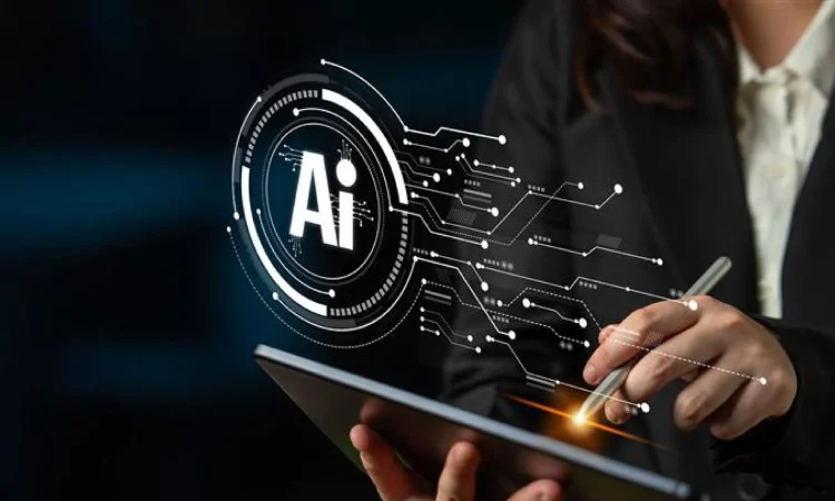Illustration showing AI transforming industries with robots, data analytics, and smart technology
