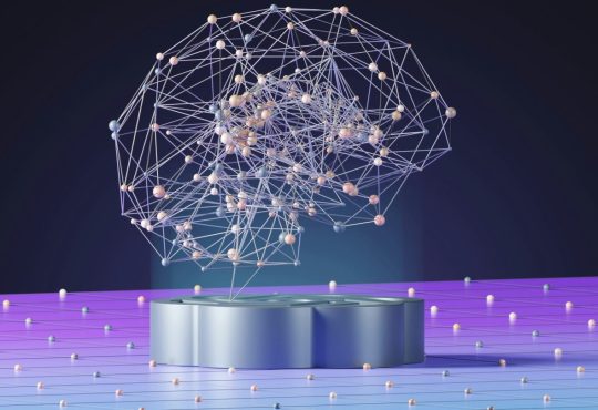 Illustration of AI technology with stock market trends, highlighting AI dot-com bubble risk