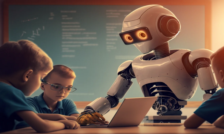 Students using AI technology in a modern classroom for personalized learning