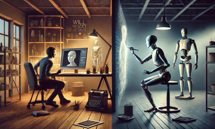 AI and human artist collaborating on a digital canvas representing the future of creativity