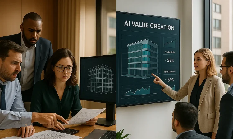 Construction site with AI and digital twin technology in use, showcasing smart and green building solutions